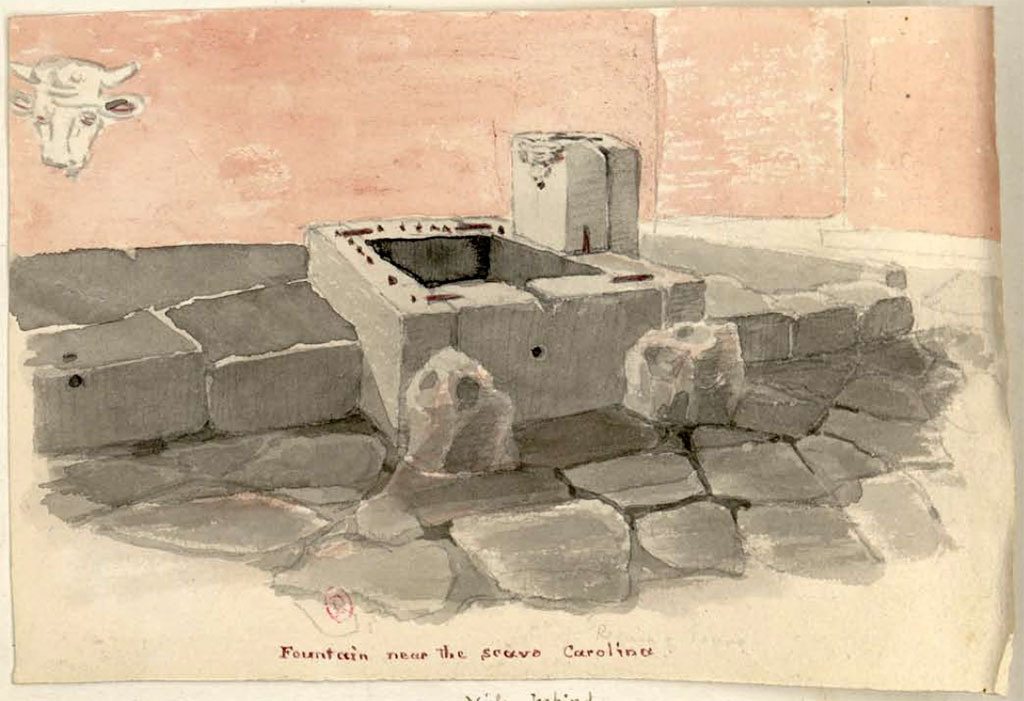 Fountain at VIII.2.29. Between 1819 and 1832, drawing by W. Gell of the fountain in Vicolo della Regina.
The relief head is shown additionally in the top left of the drawing.
See Gell, W. Pompeii unpublished [Dessins de l'dition de 1832 donnant le rsultat des fouilles post 1819 (?)] vol II, p. 62 of 178.
Bibliothque de l'Institut National d'Histoire de l'Art, collections Jacques Doucet, Identifiant numrique Num MS180 (2).
See book in INHA Use Etalab Licence Ouverte

