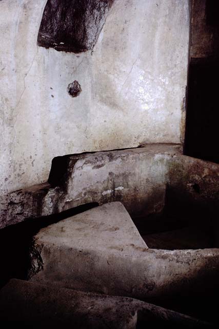 Castellum Aquae Pompeii. July 2010. Basin “B” inside water tower. 
Wall b is at the front, and in the basin are directing walls “G” with dividing walls “m” and “m’ “ at their rear.
The three water outlets could be regulated by a means of shutters which could stop the flow of water if lowered. 
Lead pipes or fistulae fed water to the public fountains and the public baths and to the houses of wealthy citizens.
Some houses had their own suite of baths or large fountains and fountain ornaments in their gardens. 
