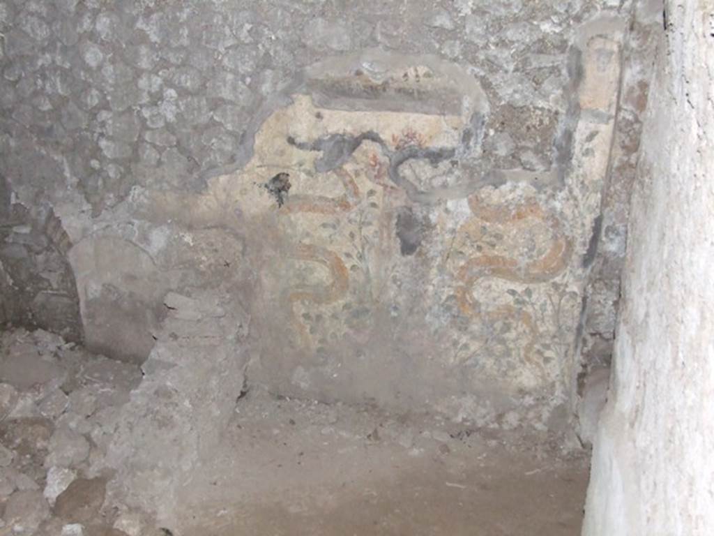 VII.6.3 Pompeii. December 2007. Remains of Lararium wall painting in kitchen g. Two upright serpents either side of a round altar with plants in the background. Above this on the upper part, now lost, was an offering scene. See Fröhlich, T., 1991. Lararien und Fassadenbilder in den Vesuvstädten. Mainz: von Zabern. (L87, T: 42,1).