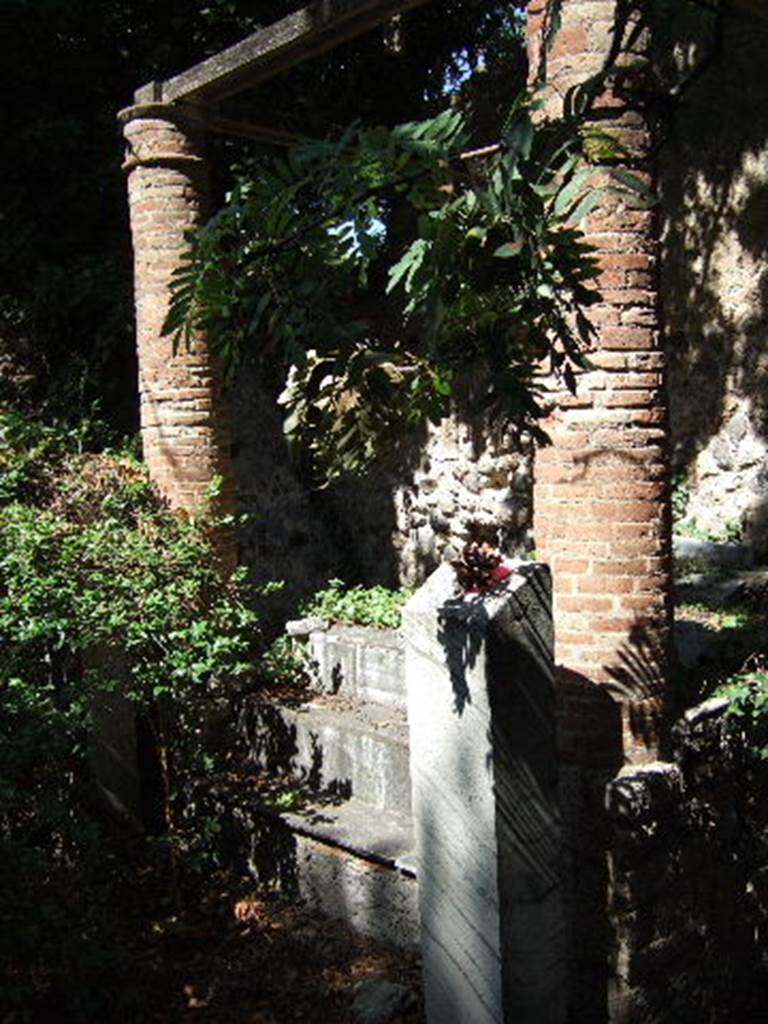 VIII.3.14 Pompeii. September 2005. Garden. Aedicula with remains of marble base for a herm, at the side of the steps.
According to Schulz in BdI, at the beginning of October 1839, in the garden, an aedicula was found, which one ascended by four steps.
At the foot of the aedicula were found two marble herms and a marble candelabrum.
And in the left corner of the same courtyard was another niche, of elegant architecture, made from masonry. 
In various parts of this Courtyard were found many fragments of marble and bronze pots, including a marble head of Jupiter.
See Bullettino dell’Instituto di Corrispondenza Archeologica (DAIR), 1841, p. 121.
See Fiorelli G., 1862. Pompeianarum antiquitatum historia, Vol. 2: 1819 - 1860, Naples, (p.373, 9th October 1839).
