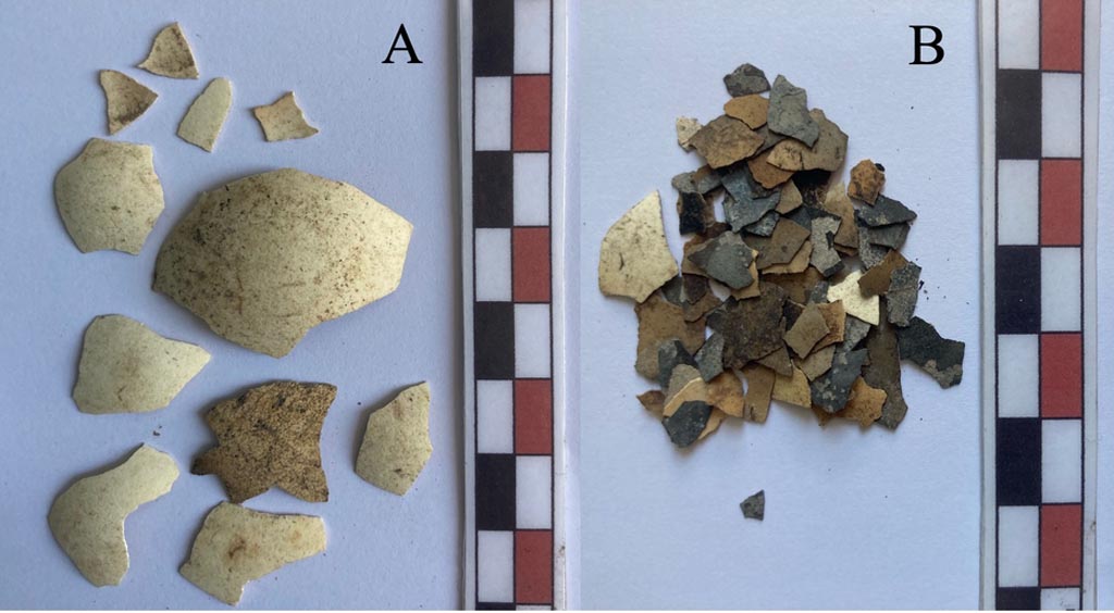 IX.10.1 Pompeii. Lararium and altar recently found in room 12.
Eggshell fragments from the surface level (A) and the deepest layer (B). There is a greater degree of fragmentation and widespread traces of combustion for the remains coming from the deeper level. 
Frammenti di guscio d’uovo dal livello superficiale (A) e da quello più profondo (B). Si nota un maggiore grado di frammentazione e diffuse tracce di combustione per i resti provenienti dal livello più profondo.
See PAP e-journal 6, 28.09.2023, p. 68, fig. 20. Download: PAP e-journals 2023 collection volumes 01-09 
Photograph © Parco Archeologico di Pompei.
