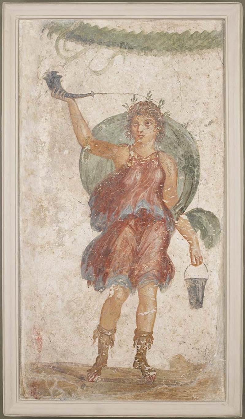 52. Boscoreale, fondo Marchese Imperiali, Villa in località Civita. 
Lar in red tunic and blue pallium, holding a horn and bucket, over which a garland hangs.
Now in the Minneapolis, Institute of Arts, Acc. No. 79.21.
https://collections.artsmia.org/art/2613
A. Ruesch had the fragment walled between 1910 and 1921 in a wall of his Zurich villa. When the building was demolished in 1978, the fragment was removed and donated to the lnstitute of Arts in Minneapolis.
As a photograph from 1906 in the Archivio fotografico della Soprintendenza archeologica di Pompei testifies, the fragment was found in an unknown building near Pompeii, just like the previous catalogue number. AFS C 165, our Taf. 49, 3. Anderson's supposition that it might be a question of the image of Boyce: 373 (VIII 7: 3) is refuted by the old photograph.
Condition: good.
Ref: M.W. Anderson, AJA 86, 1982, 252; V. Kockel, AA 1985, 510 note 108.
White-ground wall surface. Shown is a lar in red tunic and blue pallium, over which a garland hangs. How the picture was fixed is unknown.
Dating: Fourth Style.
See Fröhlich, T., 1991. Lararien und Fassadenbilder in den Vesuvstädten. Mainz: von Zabern, (p.305, L126, pl. 49.3.)
See Giacobello, F., 2008. Larari Pompeiani: Iconografia e culto dei Lari in ambito domestico. Milano: LED Edizioni, (p.228, no.16)
See Boyce G. K., 1937. Corpus of the Lararia of Pompeii. Rome: MAAR 14, p. 373.
