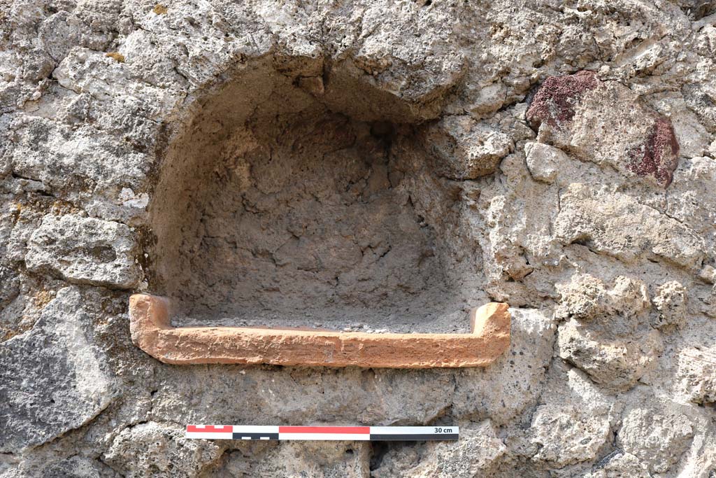 VI.8.15 Pompeii. December 2018. Detail of Lararium niche in west wall. Photo courtesy of Aude Durand.