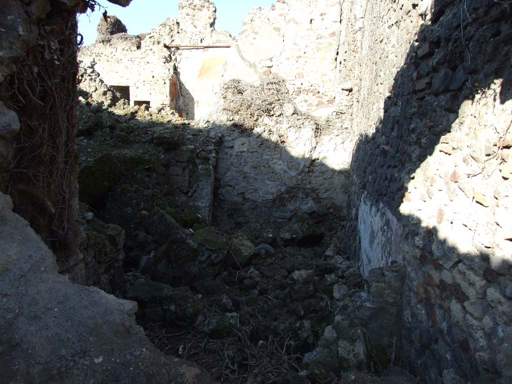 VI.14.39 in foreground, looking north into rear rooms, (“l” (L) and “m”) taken from VI.14.22. December 2007.
These may have originally been underground rooms, the kitchen and wine cellar.
In the background is a room at the east (rear) of the peristyle of VI.14.38.  
According to Boyce, on the east wall of the subterranean kitchen of VI.14.39, was a lararium painting in two zones.
The upper zone contained a sacrificial scene with the Genius on the right of an altar.
On the left was a Camillus, wreathed and wearing a short, girded tunic.
On each side of this group stood a wreathed Lar, carrying rhyton and situla.
In the lower zone, to the right of an altar furnished with an egg, was a red serpent with large crest and beard.
Behind the serpent, at the extreme right of the painting, was a jar.
On the left of the altar some other indistinguishable object, seems to have replaced the second serpent.
Across the top of the upper zone was stretched a garland, and in the background between the figures were painted plants.
See Boyce G. K., 1937. Corpus of the Lararia of Pompeii. Rome: MAAR 14. (p.53, no. 206) 
See Sogliano, A., 1879. Le pitture murali campane scoverte negli anni 1867-79. Napoli: (p. 13, no. 28)
See Giacobello, F., 2008. Larari Pompeiani: Iconografia e culto dei Lari in ambito domestico. Milano: LED Edizioni, (p.179, no.61, for a description of the lararium, no longer conserved in the underground kitchen, due to the house being badly damaged in 1943 bombing).

 
