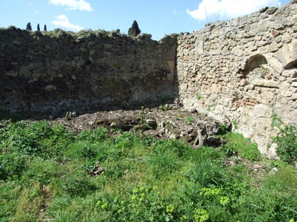 I.2.20 Pompeii. March 2009. Two-sided triclinium in the north-west corner of the garden.
According to Soprano –
Ubicazione: viridario. L. medius, m. 2.65, l. imus, m. 2.93, diametro della mensa, m. 0.93.
Bibliog. Fiorelli, op. c., p.45; “Bull. Inst.”, 1874, p.263; Viola, op. c., p.9.
I due letti sono addossati all’angolo N.O. del viridario, e hanno il piano superiore inclinato dall’esterno verso il muro; lungo le sponde interne (plutei)
corre un canaletto per la raccolta delle acque. Entrambi i letti appaiono ancora ricoperti di cocciopesto. Su uno dei due muri ai quali sono addossati i letti rivestiti d’intonaco giallo chiaro, era tracciata con il carbone una testa muliebre, in mezzo a varie epigrafi, ora del tutto svanita. 
See Soprano, P. (1950). I triclini all’aperto di Pompei. (In Pompeiana, raccolta di studi per il secondo centenario degli scavi di Pompei. Napoli, Gaetano Macchiaroli, Editore, p.305, no.24.
“Bull. Inst.” = Bullettino dell’Instituto di Corrispondenza Archeologica (DAIR).
