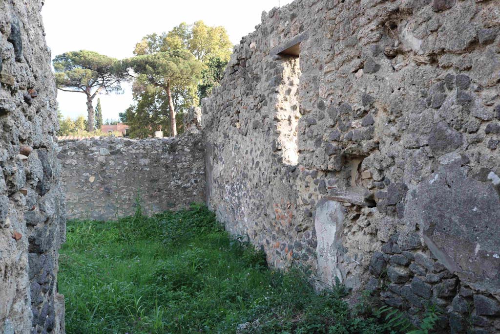 I.2.22 Pompeii. September 2018. 
Looking south from room 7, along west wall with niche of garden room 5. Photo courtesy of Aude Durand.

