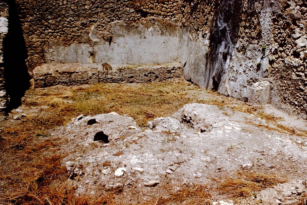 I.2.24 Pompeii. 1966. Looking north from the masonry triclinium in the garden area. 
On the right, only the base of an aedicula lararium remains against the east wall. Photo by Stanley A. Jashemski.
Source: The Wilhelmina and Stanley A. Jashemski archive in the University of Maryland Library, Special Collections (See collection page) and made available under the Creative Commons Attribution-Non Commercial License v.4. See Licence and use details.
J66f0211
