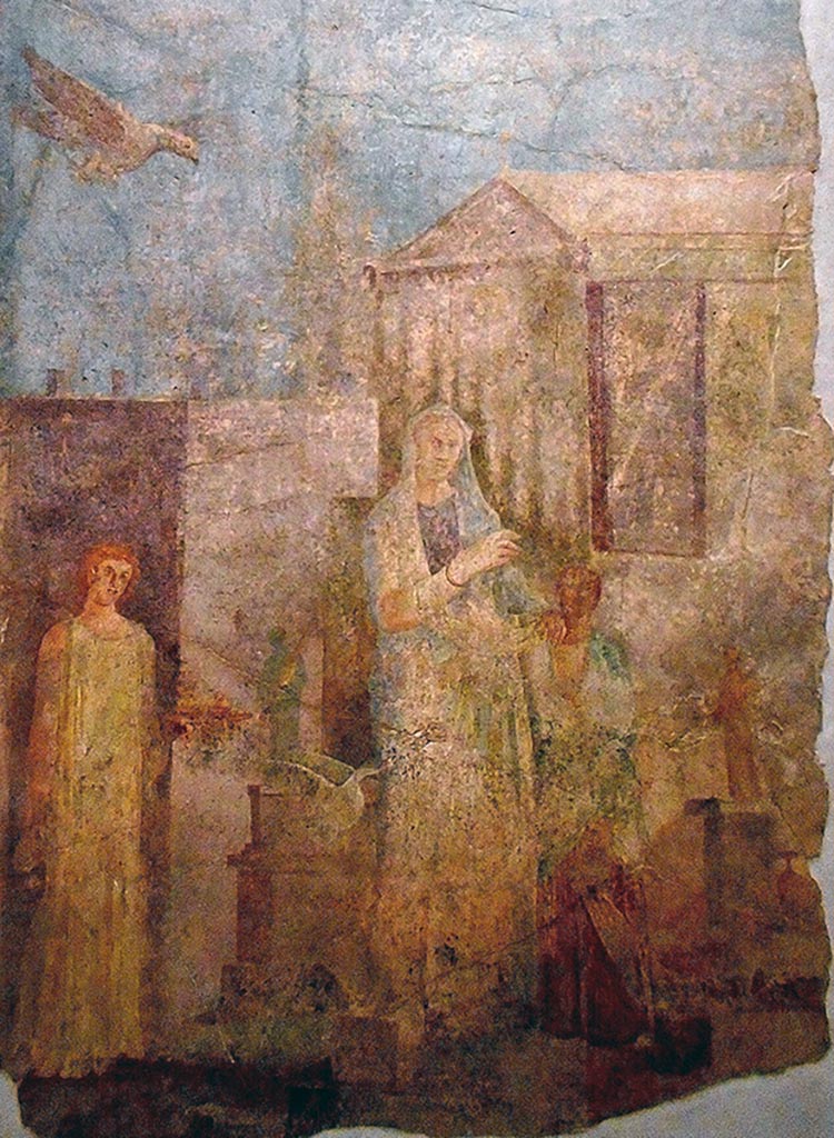 I.4.25 Pompeii. Room 20, south wall of cubiculum. Painting of Leda and the Swan.
Now in Naples Archaeological Museum. Inventory number 120034.
Our thanks to Rachel Lowder for helping with this.
