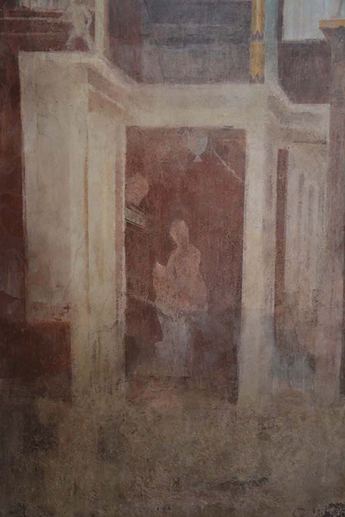 I.6.2 Pompeii. September 2019. 
North wall of frigidarium at west end, panel below painting of two women on a balcony.
Foto Annette Haug, ERC Grant 681269 DÉCOR.
