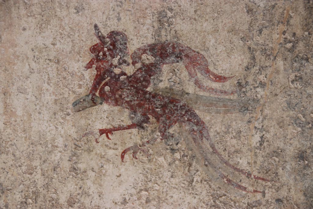 I.7.12 Pompeii. October 2023. Detail of painting from centre of panel at south end on east wall of cubiculum. Photo courtesy of Klaus Heese.