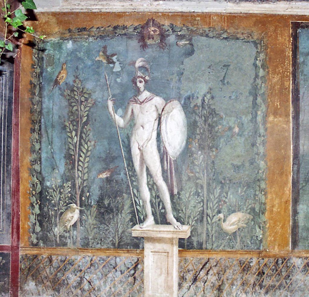 II.3.3 Pompeii. October 2001. 
Room 11, east panel on south wall of peristyle. Wall painting of statue of naked Ares/Mars with a lance and shield. 
Photo courtesy of Peter Woods.
