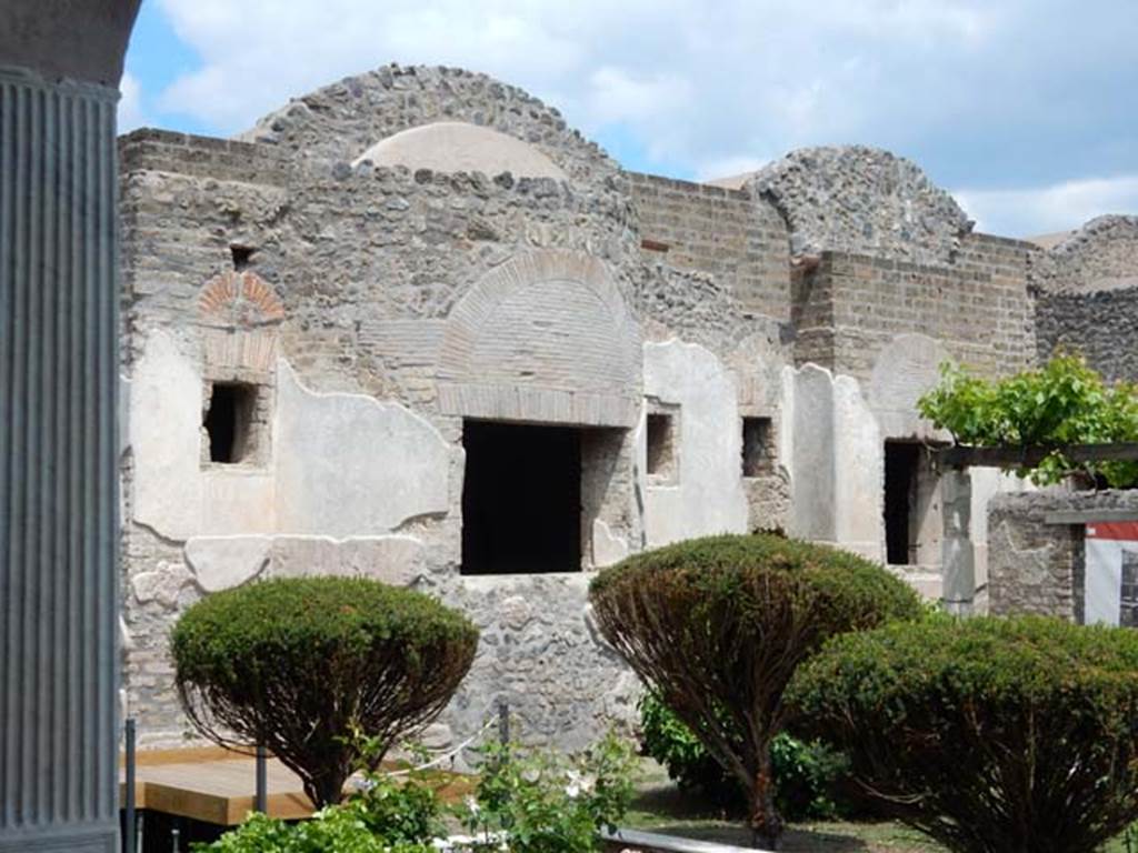 II.4.6 Pompeii. May 2016. Looking north to large window to caldarium, centre, and window to tepidarium, on right.  Photo courtesy of Buzz Ferebee.

