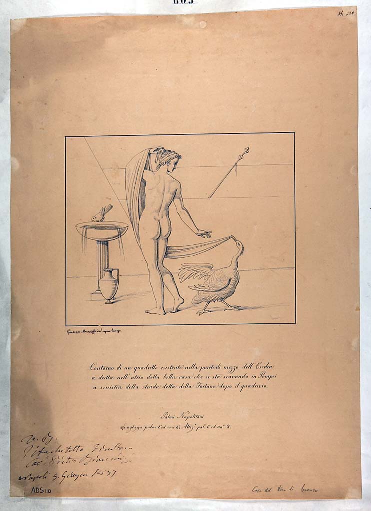 V.1.7 Pompeii. Drawing by Giuseppe Marsigli of painting described as being from the “esedra” on the right side of the atrium. 
The painting showed Leda, viewed from the rear, in the pose of Venus/Aphrodite “Anadyomene”, and the swan pulling the edge of her cloak
Now in Naples Archaeological Museum. Inventory number ADS 110.
Photo © ICCD. http://www.catalogo.beniculturali.it
Utilizzabili alle condizioni della licenza Attribuzione - Non commerciale - Condividi allo stesso modo 2.5 Italia (CC BY-NC-SA 2.5 IT)
