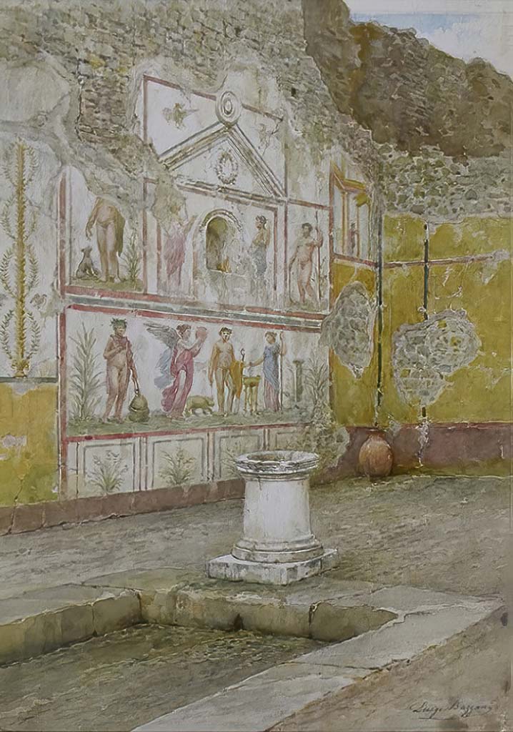 V.4.3 Pompeii. Undated watercolour by Luigi Bazzani. Lararium painting from west wall of atrium.
Kuivalainen describes –
“On the left side of the aedicula is a youth standing with his weight on his right foot. He wears a long cloak and pours wine from a cantharus, turned upside-down in his right hand; in his left hand he holds a thyrsus. A sitting panther raises its right front leg and drinks the wine. The figure is surrounded by growing vines, which are shaped into an arch.”
Kuivalainen comments – 
“An almost naked young Bacchus offering wine to a panther, depicted as a counter-part to Jupiter as the main figures by the aedicula.”
See Kuivalainen, I., 2021. The Portrayal of Pompeian Bacchus. Commentationes Humanarum Litterarum 140. Helsinki: Finnish Society of Sciences and Letters, (p.115-16, C16).
