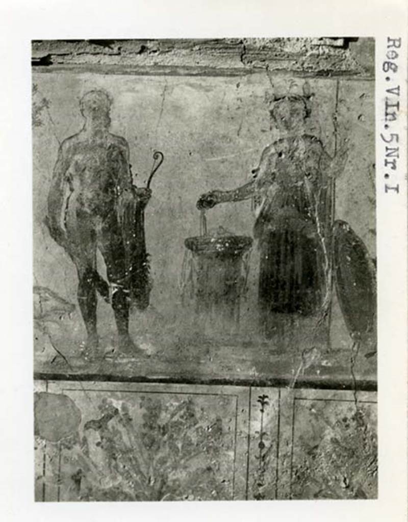 V.4.3 Pompeii, but shown as V.5.1 on photo. 1937-39.  Detail of Hercules and Minerva from lararium painting on west wall of atrium.  Photo courtesy of American Academy in Rome, Photographic Archive.  Warsher collection no. 1568c.
