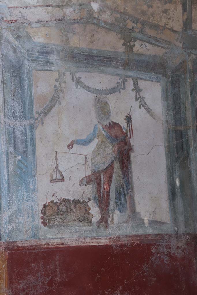 V.6.12 Pompeii. August 2018. Painting of Priapus weighing his member, found in fauces.
Dipinto di Priapo che pesa il suo membro, trovato in fauces.
Photograph © Parco Archeologico di Pompei.
