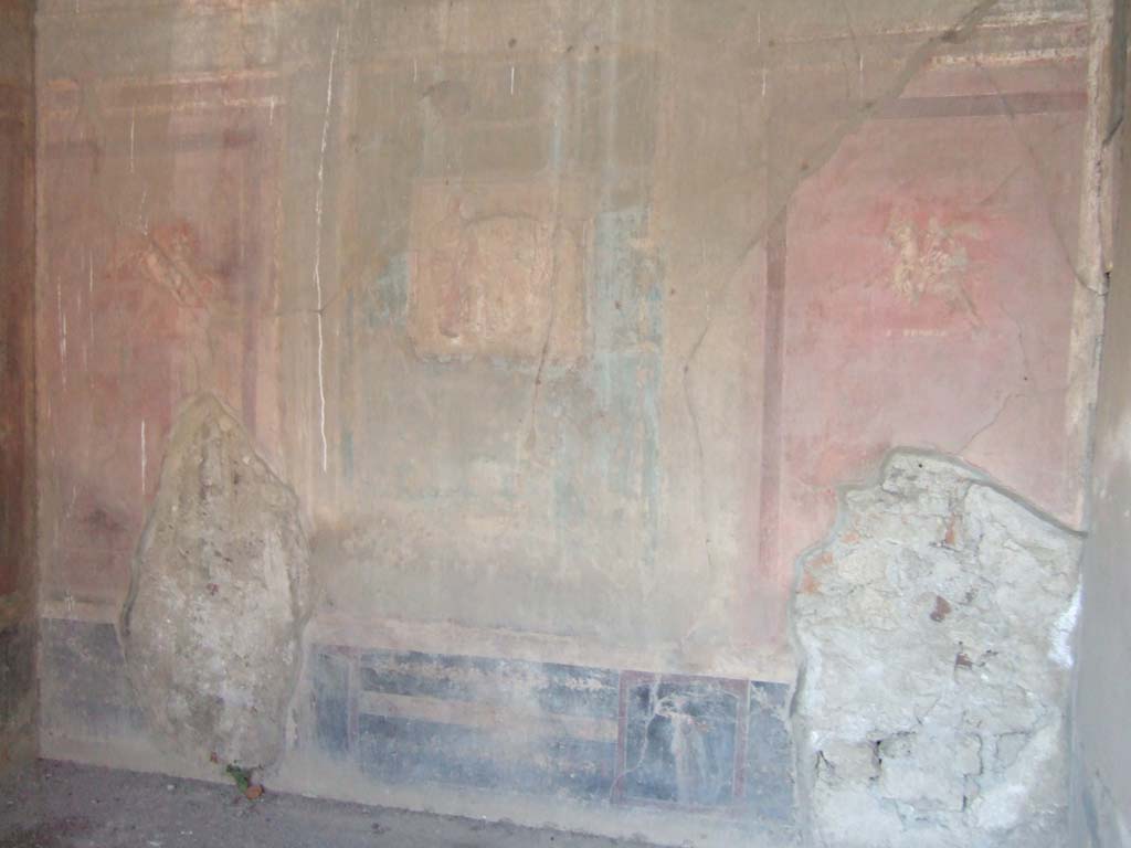 VI.2.14 Pompeii. September 2005. Painted north wall of triclinium. 
According to Bianco –
“Le decorazioni parietali sono quasi tutte completamente perdute, in quanto, scavata agli inizi dell’800, non fu adeguatamente protetta, secondo l’abitudine, allora invalsa, di non ricostruire i tetti.
Solo una parte di esse è in un discreto stato di conservazione, come quelle dell’ambiente (11), un triclinio, coperto dopo lo scavo, con una semplice tettoia.
Le pitture si collocano nel IV stile, quindi contemporanee a quelle delle Casa del Poeta Tragico. Osserviamo la parete nord;
lo zoccolo è nero, la zona mediana divisa da sfondi architettonici, sorretti alla base da figure entro edicole, con un pannello azzurro al centro e dei pannelli a sfondo rosso ai lati. La zona superiore è ugualmente rossa ed è caratterizzata da un’edicolo. Infine la parete è completata con una cornice di stucco. Nei pannelli laterali a fondo rosso vi sono le vignette dalle quali deriva il nome della casa (Note 27) raffiguranti ad ovest un’Amazzone (note 28) e ad est un’Amazzone a cavallo (Note 29). Quest’ultima ha il mantello svolazzante, la pelta nella sinistra e l’ascia nella destra, calza stivaletti e ha la sella ornata (Note 30). ……….
Particolarmente interessanti sono anche la raffigurazione di una maschera tragica sulla parete ovest dello stesso triclinio (11) e di un quadro completamente perso che rappresentava Arianna (Note 31), temi trattati anche nella Casa della Poeta Tragico.”
(Note 27: Helbig, 1249.
Note 28: Secondo Helbig, 1842, si tratta di un cavaliere.
Note 29: Helbig, 1249.
Note 30: La vignette è la replica di uno stesso motivo presente in un quadro della casa IX.7.20; cfr. HERMANN-BRUCKMANN 1906, tav.178.1.
Note 31: Helbig in 1232, ne dà la descrizione: Arianna è raffigurata sulla destra in compagnia di un amorino in lacrime appena distinguibile al centro; risvegliata, guarda la nave di Teseo che si allontanò, sulla sinistra è presente una figura maschile accessoria.)
See Bianco, Annalisa. Il fregio delle Amazzoni nella Casa del Poeta Tragico a Pompei. (In Rivista di Studi Pompeiani, XVIII, 2007, (p.58).
