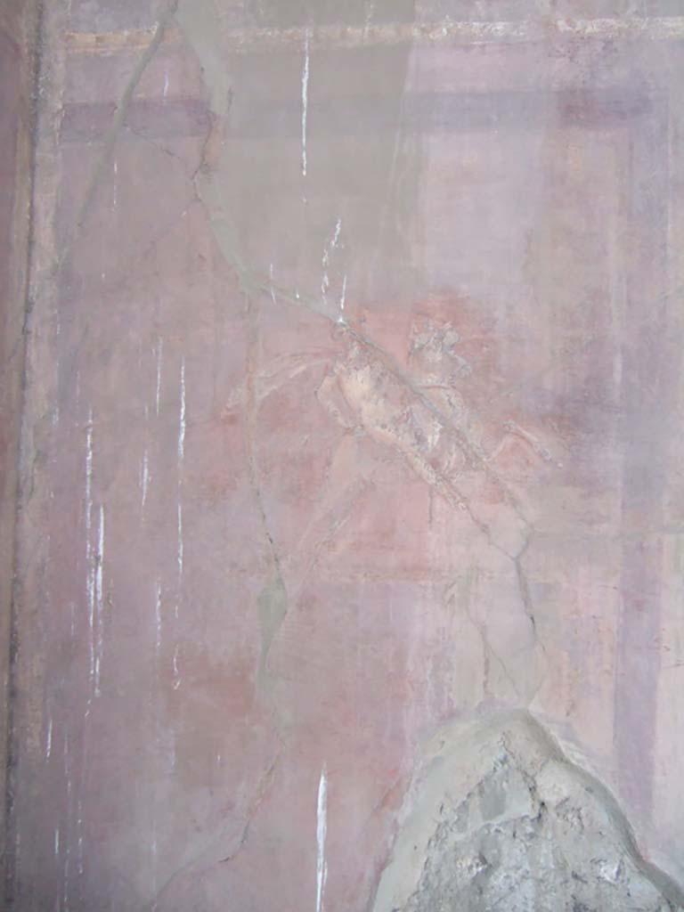 VI.2.14 Pompeii. September 2005. Painted figure on horseback from north wall of triclinium, at west end.