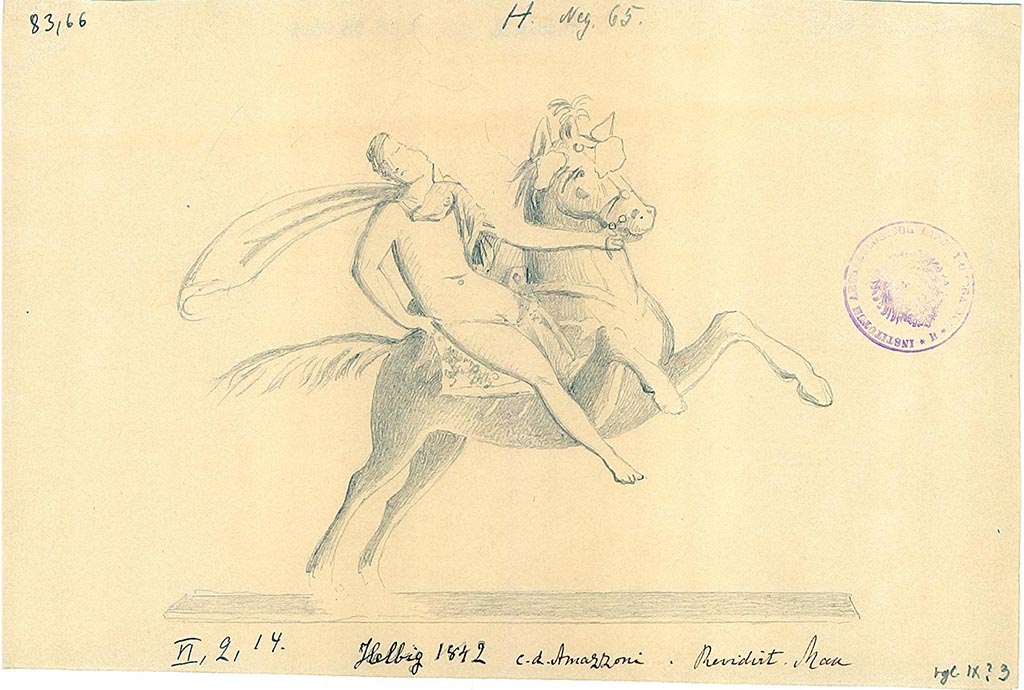 VI.2.14 Pompeii. Drawing of painted figure on horseback from north wall of triclinium, at west end.
DAIR 83.66. Photo © Deutsches Archäologisches Institut, Abteilung Rom, Arkiv. 
See Helbig, W., 1868. Wandgemälde der vom Vesuv verschütteten Städte Campaniens. Leipzig: Breitkopf und Härtel, 1842.
See Gell, W, and Gandy J. P., 1819. Pompeiana. London: Rodwell and Martin, pl. 26.  
