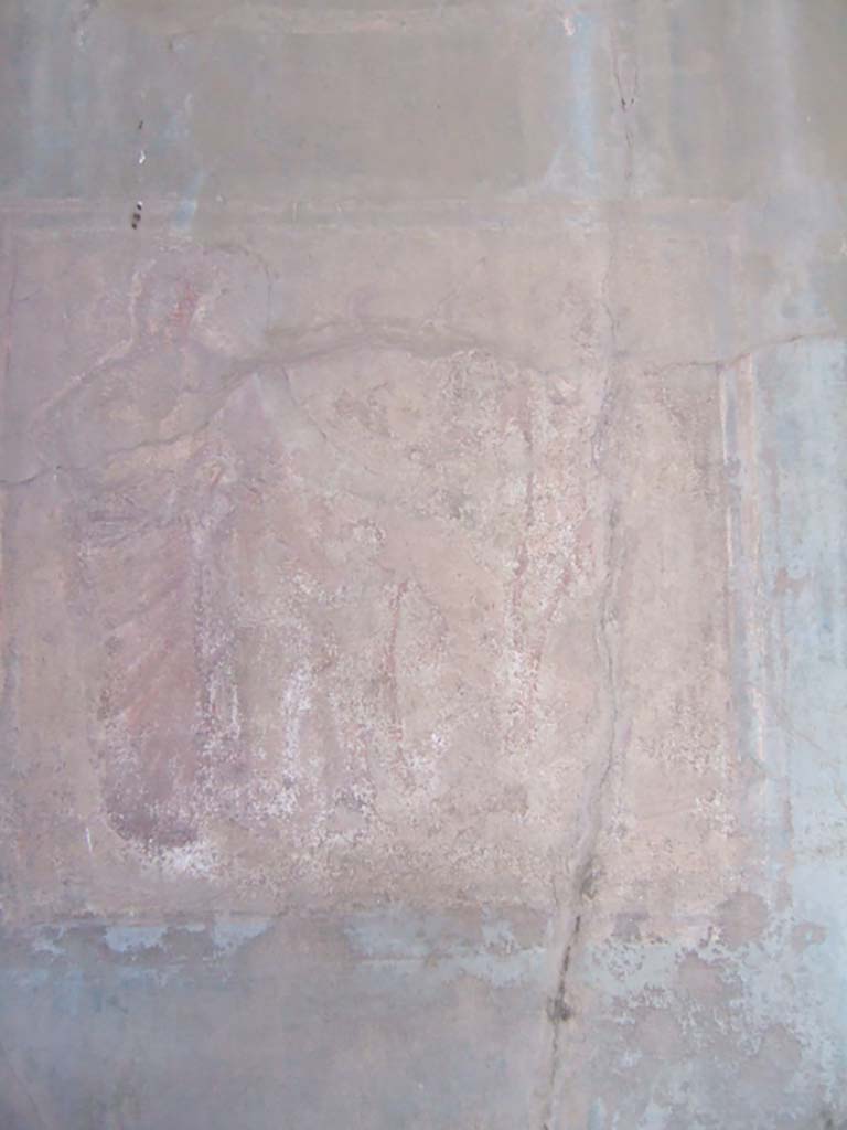 VI.2.14 Pompeii. September 2005. North wall of triclinium.
Wall painting of male figure, column, small cupid and Aphrodite, in centre of north wall. 
