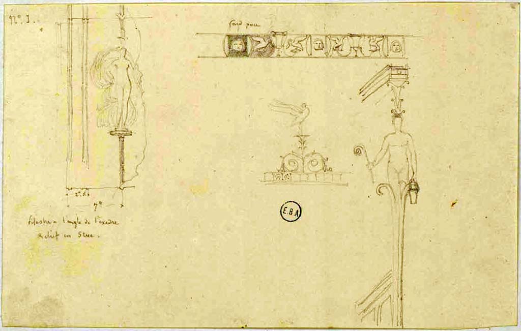 VI.2.16 and 22, Pompeii. 
The frieze drawn on the upper right would appear to be the one drawn/painted in the above paintings of the north wall of the tablinum in VI.2.16.
The drawing by Mazois would appear to be closest to this drawing - that is showing a face, a bird, a cup, a bird, a face, repeated, etc.
On the painting above, by Vilhelm Dahlerup, the part in question would appear to be shown above the second candelabra, on the left.
Perhaps, but not proved, both candelabra came from the tablinum/atrium of this house.
We have not yet seen a possible location for the two figures, the one on the left states Pilaster in corner of exedra, Relief in stucco.  
Undated drawings by Lesueur, the Ibis, in the middle of the page, would appear to be from the west wall of the triclinium of VI.2.22. 
See Lesueur, Jean-Baptiste Ciceron. Voyage en Italie de Jean-Baptiste Ciceron Lesueur (1794-1883), pl. 83.
See Book on INHA reference INHA NUM PC 15469 (04)   Licence Ouverte / Open Licence  Etalab


