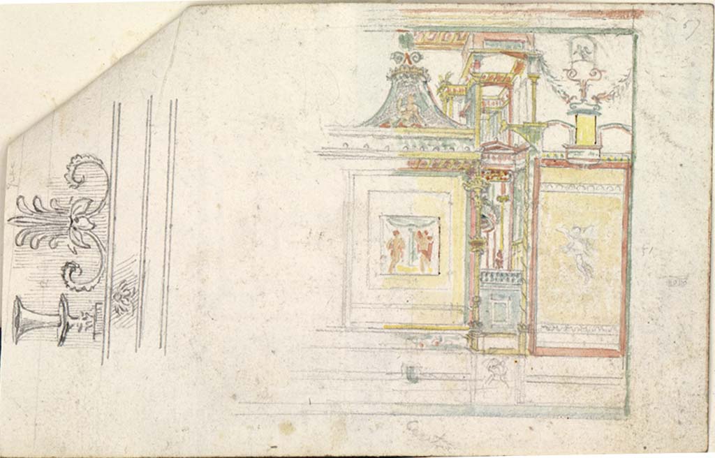 VI.2.16 Pompeii. pre-1819. 
Sketch by Gell, described by him as Side of a room, and may be the north wall of the exedra/oecus on north side of peristyle. 
See Gell W & Gandy, J.P: Pompeii published 1819 [Dessins publis dans l'ouvrage de Sir William Gell et John P. Gandy, Pompeiana: the topography, edifices and ornaments of Pompei, 1817-1819], pl. 53 verso.
See book in Bibliothque de l'Institut National d'Histoire de l'Art [France], collections Jacques Doucet Gell Dessins 1817-1819
Use Etalab Open Licence ou Etalab Licence Ouverte
