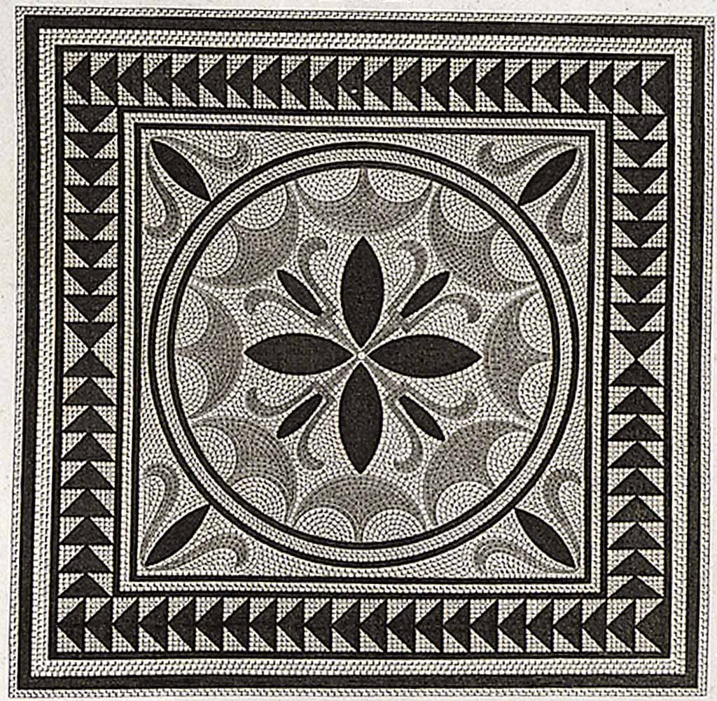 VI.2.16 or VI.2.17 Pompeii. 1824 engraving of mosaic emblema by Mazois.
According to Mazois 
this engraving represents a mosaic found in the triclinium of a house shown in Pl. XXI and XXII. (p.61).
Plates XXI and XXII are showing the Houses at VIII.2.1/3, known as the Houses of Championnet.
See Mazois, F., 1824. Les Ruines de Pompei : Second Partie. Paris: Firmin Didot, p.61, pl. XX fig II.
According to Mazois on page 69, Pl.XXIV, which is the plan of houses at VI.2.16 and VI.2.22, he states that the mosaic found in the triclinium (room 24) was the mosaic found in this area which has already been given (seen) in Pl. XX.
See Mazois, F., 1824. Les Ruines de Pompei : Second Partie. Paris: Firmin Didot, p.69, pl.XXIV.
According to PPM 
VI.2.16 Tablinum. A small amount remains of the flooring in cocciopesto punctuated by white tesserae. 
At the centre of this room, according to Mazois, there was an emblema with a four-petalled rosette associated with four lotus buds. 
See Carratelli, G. P., 1990-2003. Pompei: Pitture e Mosaici. IV. Roma: Istituto della enciclopedia italiana, p. 209.


