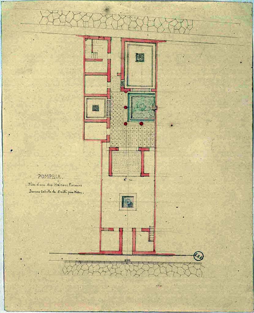VI.2.16 Pompeii. Plan of house, including flooring. 
The main entrance at VI.2.16 is the lower one. The rear entrance at VI.2.21 is the upper one.
See Lesueur, Jean-Baptiste Ciceron. Voyage en Italie de Jean-Baptiste Ciceron Lesueur (1794-1883), pl. 10.
See Book on INHA reference INHA NUM PC 15469 (04)  « Licence Ouverte / Open Licence » Etalab
