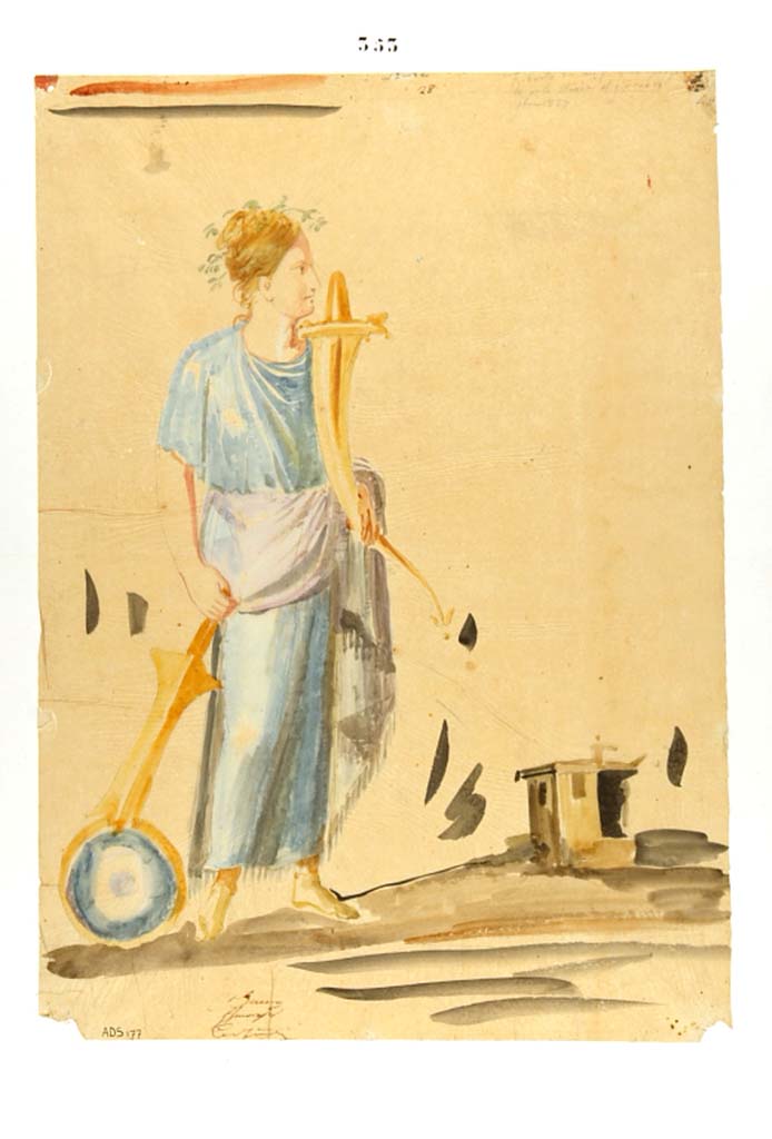 VI.7.9 Pompeii. Watercolour painted 14th November 1827 by Giuseppe Marsigli, showing the figure of Fortuna and her attributes. 
Now in Naples Archaeological Museum. Inventory number ADS 177.
This painting was seen on the pilaster on the upper right side of the doorway at VI.7.9, opposite to the figure of Mercury.
On the same pilaster on the side turned towards the roadway, was a painted Minerva.
Photo © ICCD. https://www.catalogo.beniculturali.it/
Utilizzabili alle condizioni della licenza Attribuzione - Non commerciale - Condividi allo stesso modo 2.5 Italia (CC BY-NC-SA 2.5 IT)

