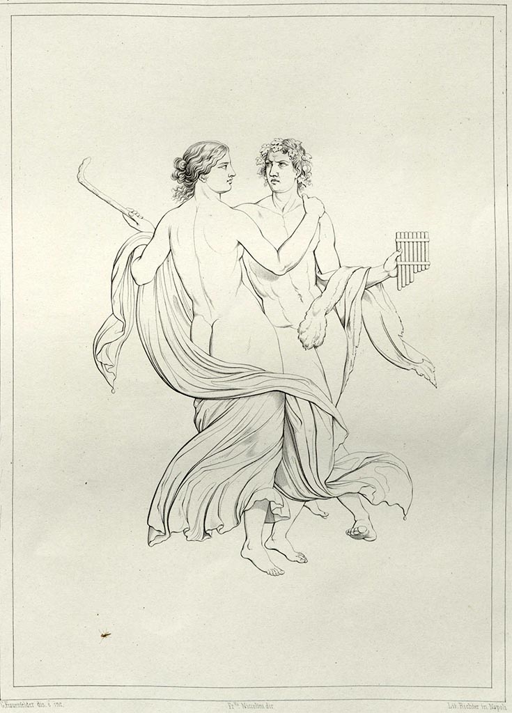 VI.8.23 Pompeii. 
Drawing by Niccolini of “flying figures”, Bacchante and Faun, with pedum and pan pipes, painted on a red background on a wall in the atrium.
See Niccolini, F., 1854. Le Case ed i Monumenti di Pompei: Book 1, (Tav. II).
