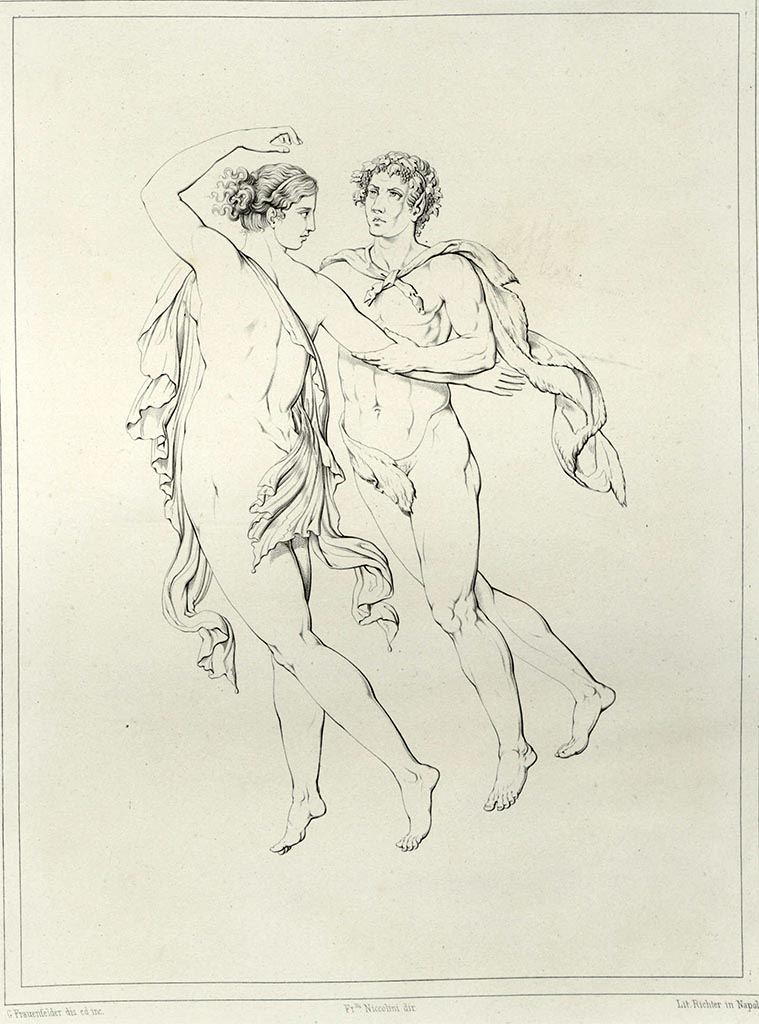 VI.8.23 Pompeii. 
Drawing by Niccolini of another couple of “flying figures”, Bacchante and Faun, seen on a wall in the atrium.
See Niccolini, F., 1854. Le Case ed i Monumenti di Pompei: Book 1, (Tav. V).
