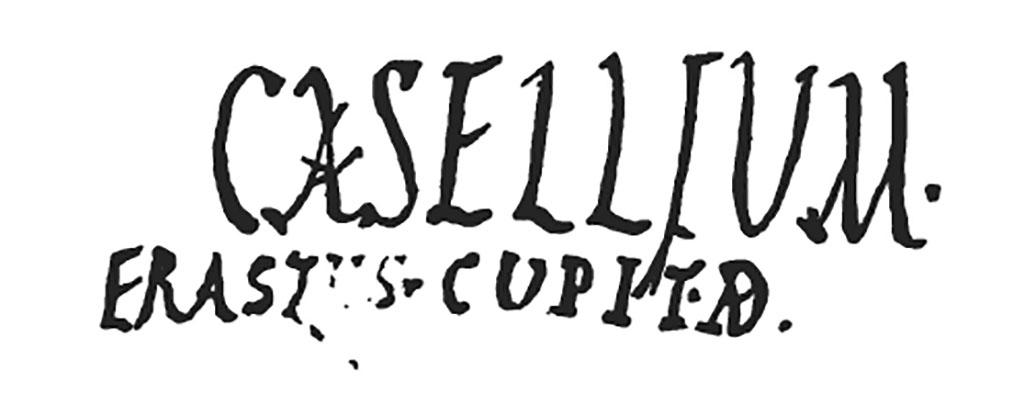 VI.9.6 Pompeii. 1830. Entrance corridor. Drawing of graffiti CIL IV 179.
See Real Museo Borbonico Vol 6. 1830. 

According to Fiorelli, this hostelry, which occupied the northern end of the insula near the city walls, had been formed from three houses.
Nearby was found an electoral recommendation –
Casellium
Erastus cupit aed(ilem)    [CIL IV 179]
Fiorelli said the entrance corridor, or fauces, had much graffiti on the walls, many names, small letters of an alphabet and the epigraph
which he thought showed the name of the host, or more likely the name of the patron of the place.
Venies in Ganinianu pro Masu
See Pappalardo, U., 2001. La Descrizione di Pompei per Giuseppe Fiorelli (1875). Napoli: Massa Editore. (p.63)
