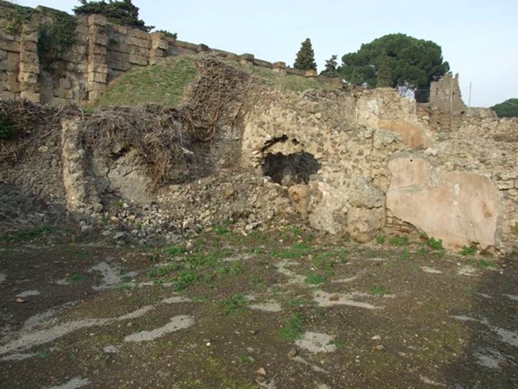 VI.9.1 Pompeii. December 2007. Looking towards north side of atrium. On the left would have been room 13, in the centre would have been room 12, an oecus. On the right are the painted remains on the east wall of the atrium. 
