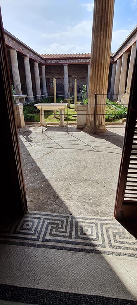 VI.15.1 Pompeii. April 2023. 
Looking south across mosaic threshold from “cupid’s room” onto north portico.
Photo courtesy of Giuseppe Ciaramella.
