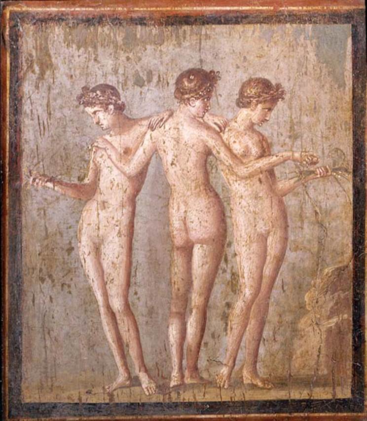 VI.17.31 or 36 Pompeii? Found on 12 July 1760 below the Irace property. Painting of the three graces.
This was found in VI Ins Occ and may have been from one of VI.17.31-36.
Now in Naples Archaeological Museum. Inventory number 9231.
See Pagano, M. and Prisciandaro, R., 2006. Studio sulle provenienze degli oggetti rinvenuti negli scavi borbonici del regno di Napoli.  Naples: Nicola Longobardi, p. 35.
See Antichità di Ercolano: Tomo Terzo, 1762, p. 57-61, pl. 11. (28th July 1760)
According to Mattusch, this may be from VI.17.31.
See Mattusch C., 2008. Pompeii and the Roman Villa. Thames and Hudson, p. 243.
