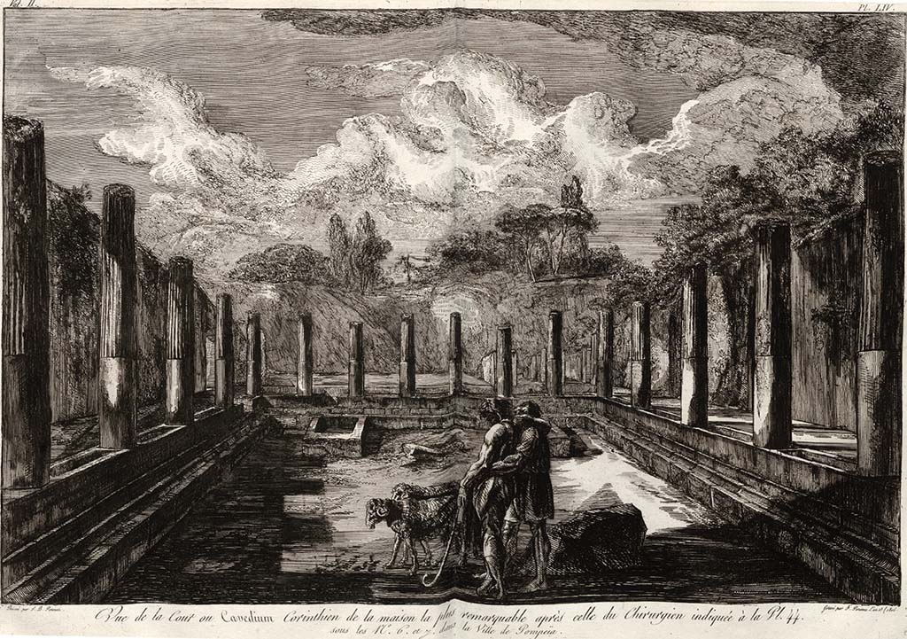 VI.17.23 Pompeii. c.1805. Drawing by Piranesi. Looking west across peristyle at street level.
According to Jashemski, above, this peristyle would have had a portico supported by 14 columns and 2 engaged columns.
See Piranesi, F, 1804. Antiquits de la Grande Grce : Tome II. Paris : Piranesi and Le Blanc, (Vol. II, Pl. LIV).
