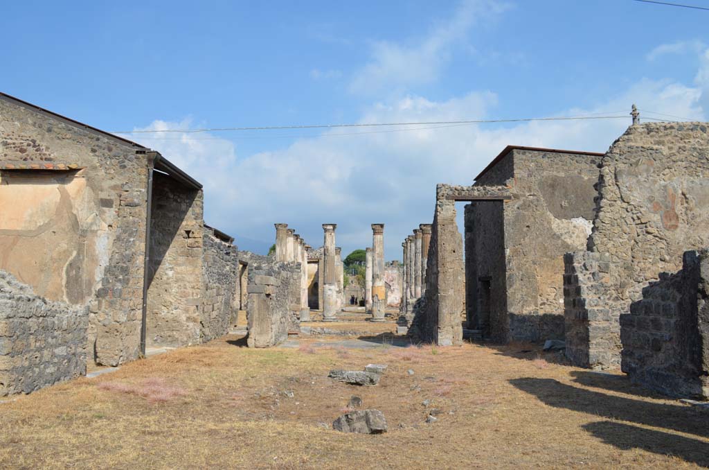 VII.4.31/51 Pompeii. September 2019. Room 2, atrium with remains of impluvium.  
Looking north, through two peristyles to other entrance in Via della Fortuna.
Foto Annette Haug, ERC Grant 681269 DCOR.
