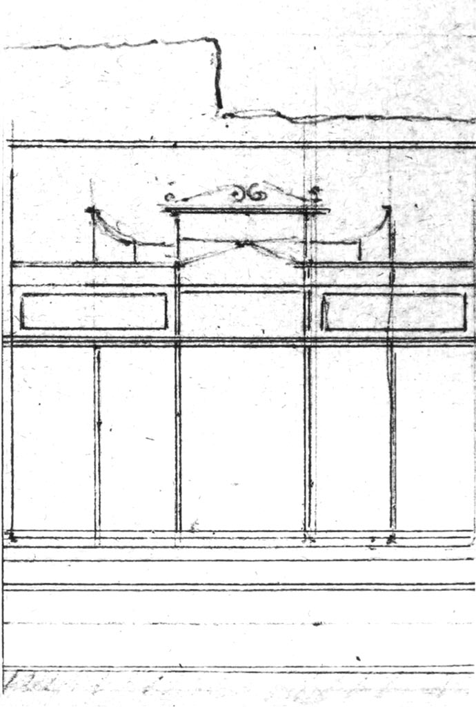 VII.4.57 Pompeii. Room 9, west wall of ala showing the decoration, as drawn by Laurits Albert Winstrup. 
Detail from photo © Danmarks Kunstbibliotek, inventory number ark_6186a.
See Carratelli, G. P., 1990-2003. Pompei: Pitture e Mosaici. VII. (7). Roma: Istituto della enciclopedia italiana, (p.81)
(PPM and Avellino – room p, tablinum, room o, west ala). 

According to PPM –
“Mau described the ala as being decorated in the “candelabra style”, Mau W, p.378.
Today, not much remains of the colours – the zoccolo was red-violet, the predella showing coloured stripes of different widths. 
The middle zone alternated with a yellow central panel and a red side panels, subdivided by narrow candelabra just 5cm wide and bordered at the edge of the wall, by green bands. The middle zone was separated from the upper zone by a coloured frieze similar to the predella with several parallel stripes; the dominant colour being blue and yellow; the stripes were separated by narrow black , red and white lines. No traces of colour remained in the upper zone.
See Carratelli, G. P., 1990-2003. Pompei: Pitture e Mosaici. VII, (7). Roma: Istituto della enciclopedia italiana, (p. 78).
(PPM and Avellino – room o, west ala).
