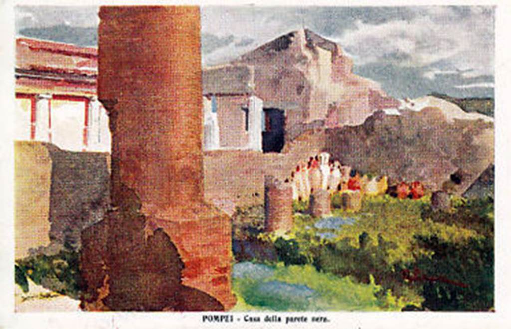 VII.4.59 Pompeii. Casa della Parete Nera, old watercolour postcard. The view is from the peristyle of VII.4.62 the Casa delle Forme di creta.