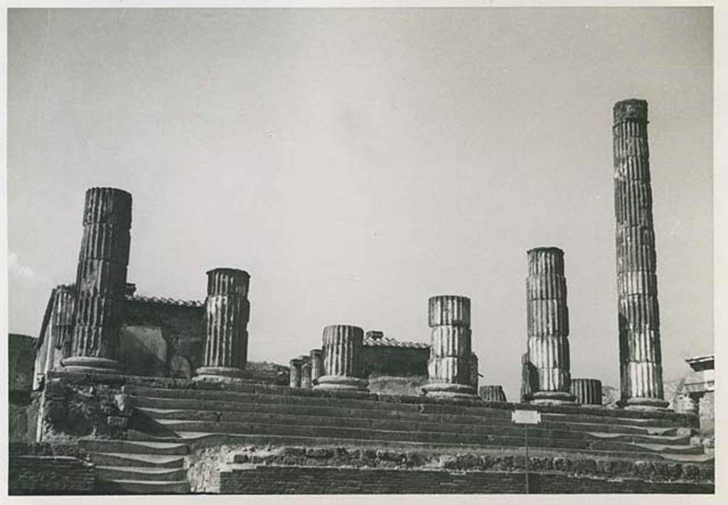 VII.8.1 Pompeii. Temple of Jupiter. 1956. Looking north to steps on west side, leading up the podium. Photo courtesy of Rick Bauer.
