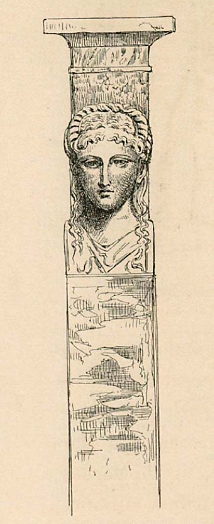 VIII.1.4, Antiquarium, Pompeii. 1899. Drawing by Pierre Gusman of single marble table leg, (Monopodium) from Pompeii Museum.
See Gusman P., 1899. Pompei : La Ville, Les Mœurs, Les Arts. Paris : Société française d'éditions d'art, (p.440)
