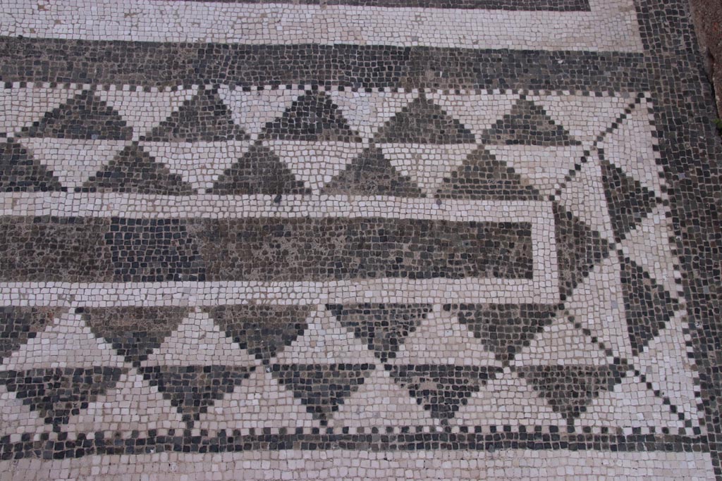 VIII.2.16 Pompeii. May 2024. Black and white mosaic separating entrance corridor and atrium, at south end. Photo courtesy of Klaus Heese.