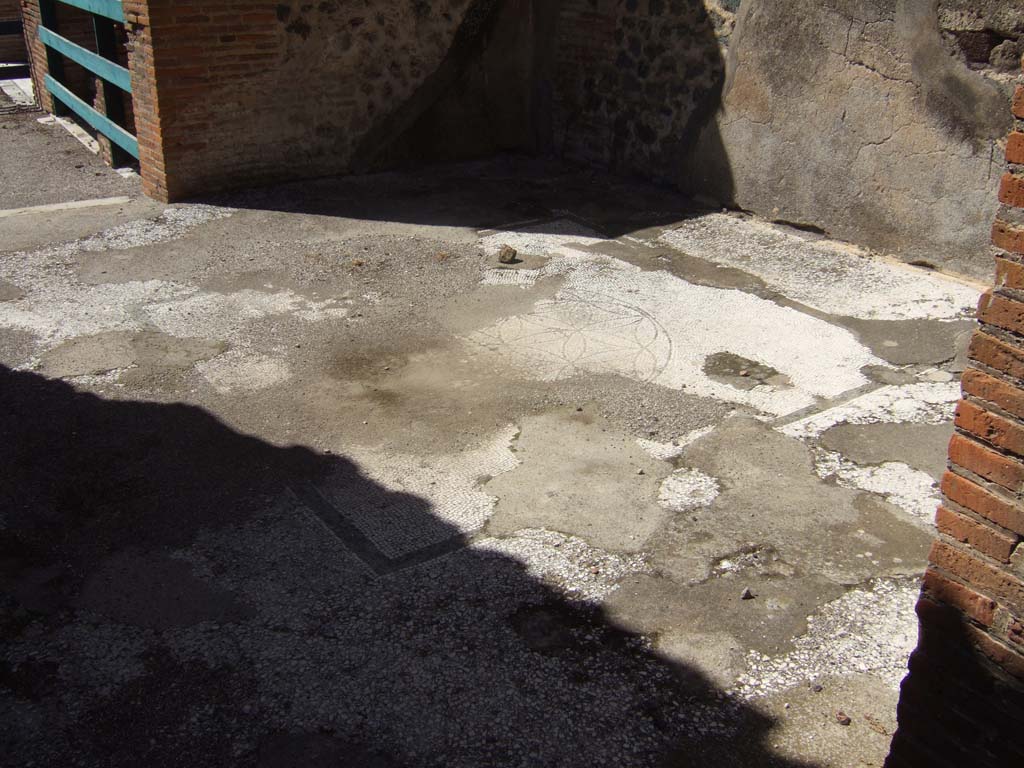 VIII.2.16 Pompeii. September 2005. 
Triclinium in north-west corner of atrium with doorway onto north portico, with remains of travertine floor. 
Inserted in the centre would have been a mosaic with a black border showing a circle containing 6-petalled stars. 
