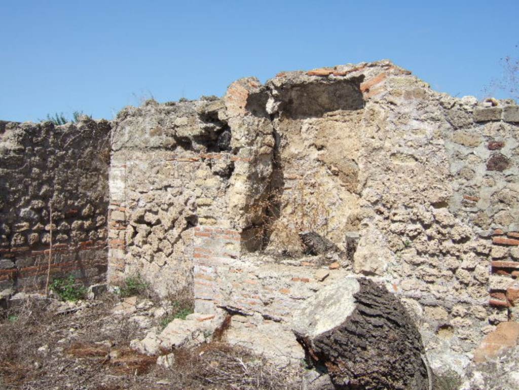 VIII.2.30 Pompeii. September 2005. North wall with aedicula, of room on south-west side of tablinum, which BdI described as (p).
According to BdI –
Il lato posteriore di questo piano vien formato da una serie di sale, (p), (q), e (s), delle quali il tablino (q) era la piu grande. 
Tutte avevano il pavimento composto di lastre di marmo e di lavagna, delle quali pero non rimane che una piccola parte in (p) e pochissimi avanzi in (q),
(p) inoltre era distinta per una nicchia o edicola nella parete N, spogliata quasi totalmente del suo originario rivestimento di marmo. 
Tutte queste camere si aprono o in tutta la larghezza o con larga porta sopra un’ampia terrazza, ora crollata, sovrapposta alle localita del piano di sotto, dalla quale doveva godersi una vista deliziosa per il magnifico panorama delle fertile pianura, delle montagne opposte e del mare.
(The rear of this floor is formed by a series of rooms, (p), (q), and (s), of which the tablinum (q) was the largest.
All had the floor composed of marble slabs and (lavagna/? slate of lava), of which nothing remains, other than a small part in (p) and very few remains in (q),
(p), however, was also distinguished by a niche or aedicula in the north wall, almost totally stripped of its original marble cladding. 
All these rooms opened either in full width or with a large door onto a large terrace, now collapsed, superimposed above the floor underneath, from which they would have enjoyed a delightful view over the magnificent panorama of the fertile plains, the mountains opposite and the sea.)
See BdI, 1884, p.212.
