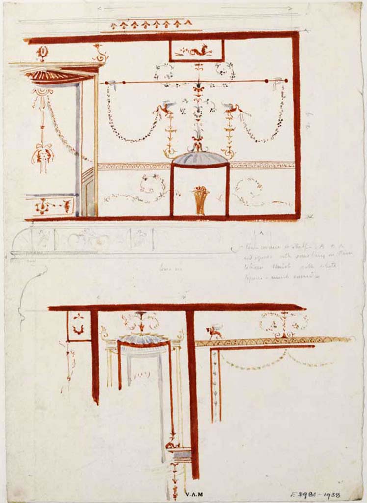 VIII.5.28 Pompeii. c.1840. Room 7. Painting by James William Wild showing detail from the north in a small room. 
Photo © Victoria and Albert Museum, inventory number E.3980-1938.
(Written in pencil on the painting 
“Low cornice or shelf running from AAA and squares with something on them between bluish and white figures, much ruined.”)
