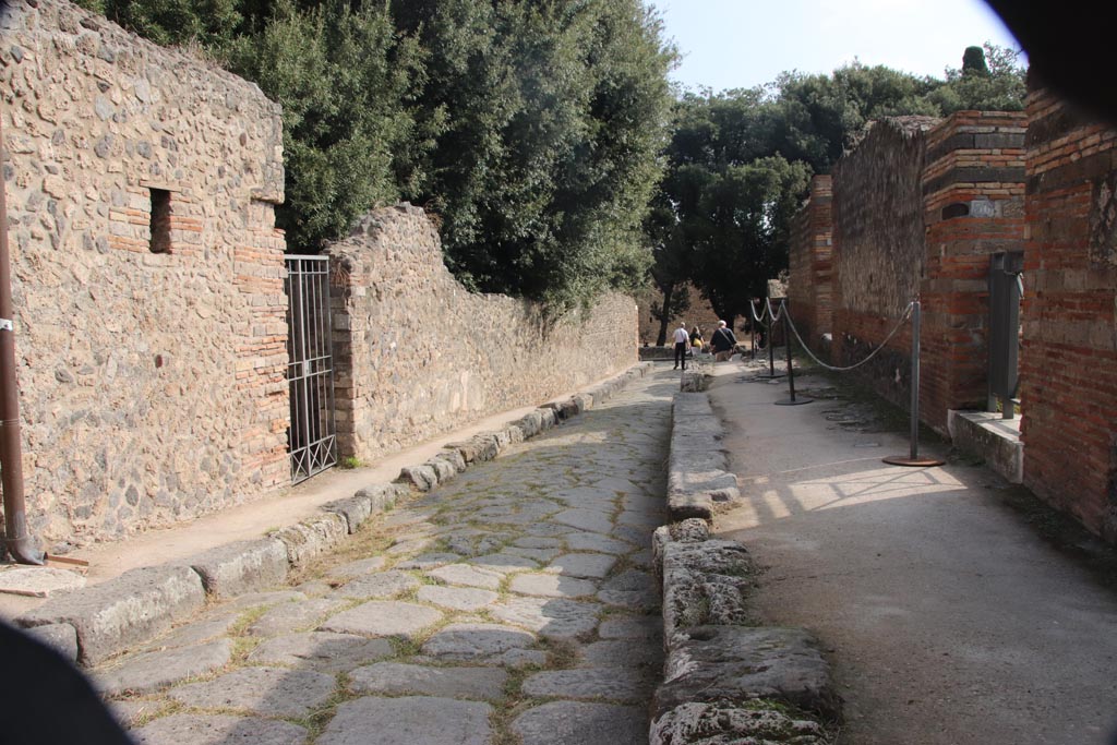 VIII.6.5 Pompeii, on left. October 2023.                  Via della Regina looking east.                               VIII.2, on right.
Photo courtesy of Klaus Heese.
