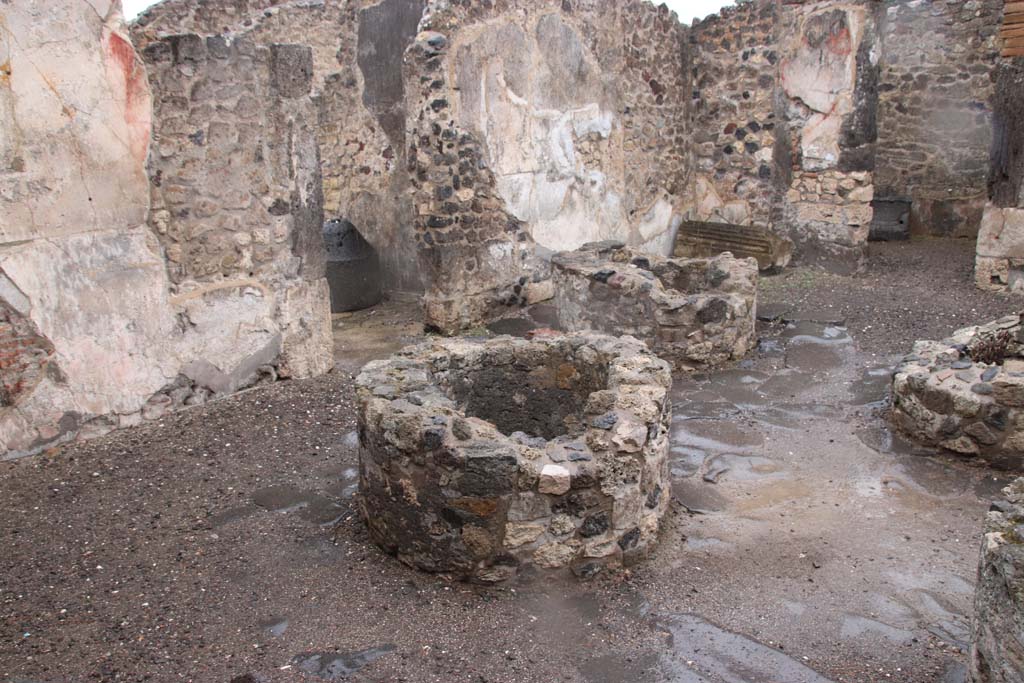 VIII.6.11, Pompeii. December 2018. 
Looking north-east across bakery room, with room k, on extreme left, and room e, in centre. Photo courtesy of Aude Durand.
