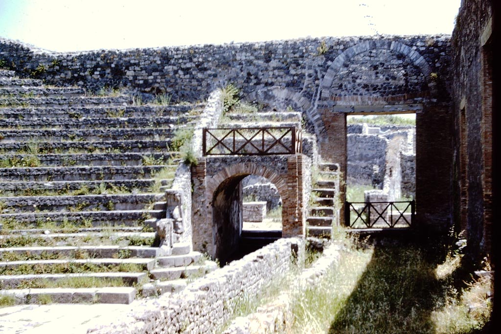 VIII.7.19/18 Pompeii. 1966. 
Looking towards the east side, and with entrance to stage area at VIII.7.18, on right. Photo by Stanley A. Jashemski.
Source: The Wilhelmina and Stanley A. Jashemski archive in the University of Maryland Library, Special Collections (See collection page) and made available under the Creative Commons Attribution-Non Commercial License v.4. See Licence and use details.
J66f0139
