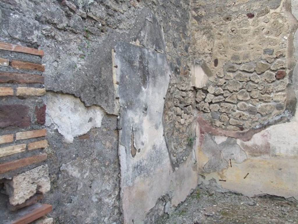 IX.2.21 Pompeii. March 2009. Room 5, west wall from the north portico. According to Bragantini, the west wall would have had a yellow dado. The middle zone would have had a yellow central panel, with red side panels. The floor was cocciopesto with black and white scattered tesserae.
See Bragantini, de Vos, Badoni, 1986. Pitture e Pavimenti di Pompei, Parte 3. Rome: ICCD. (p.423, ambiente f)
