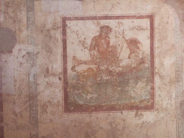 IX.5.16 Pompeii. June 2019. Cubiculum f’, looking towards wall paintings on north wall.
Photo courtesy of Buzz Ferebee.
